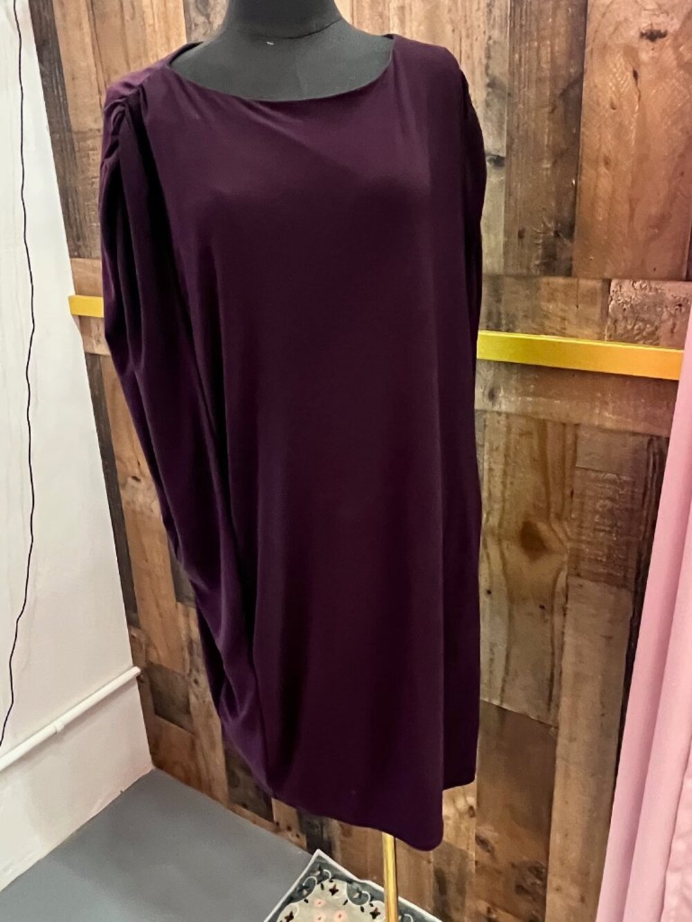 Suzi Chin for Maggy Boutique Draped Sleeve Belted Shift Dress in a rich eggplant